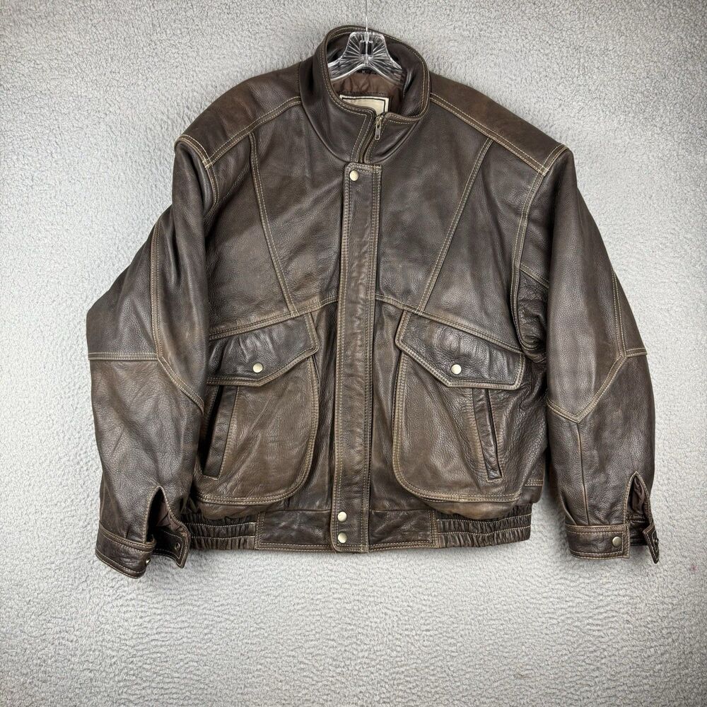 Vintage Body Equip Brown Leather Bomber Jacket Men's XL Pockets